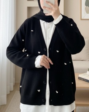 Soft Cardigan with Buttoned Flower Details -Black