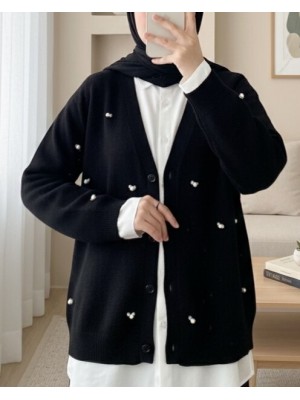 كارديجان ناعم مع تفاصيل زهور بأزرار -أسود