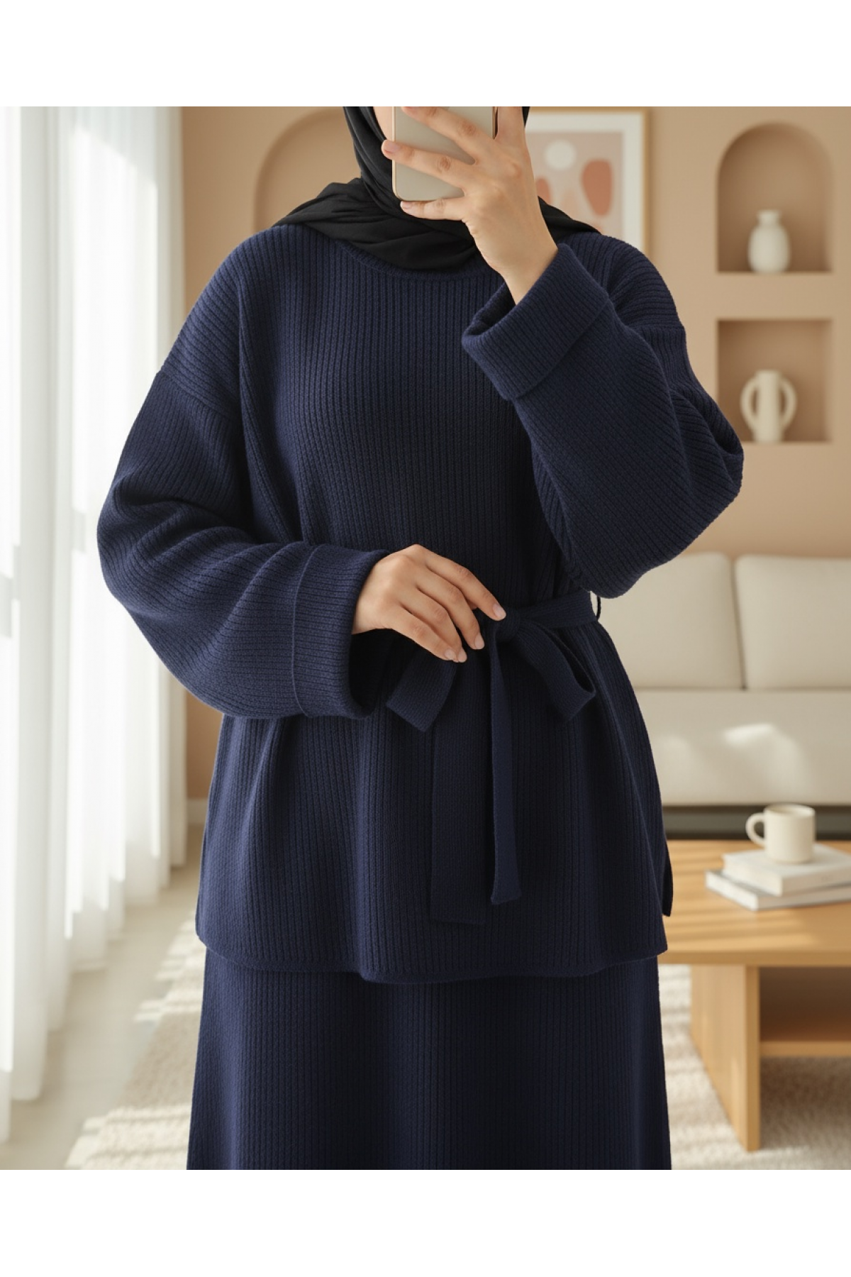 Folded Sleeve, Belted Waist, Slit Knitwear Suit -Navy blue
