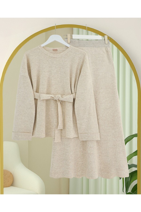 Folded Sleeve, Belted Waist, Slit Knitwear Suit -Stone