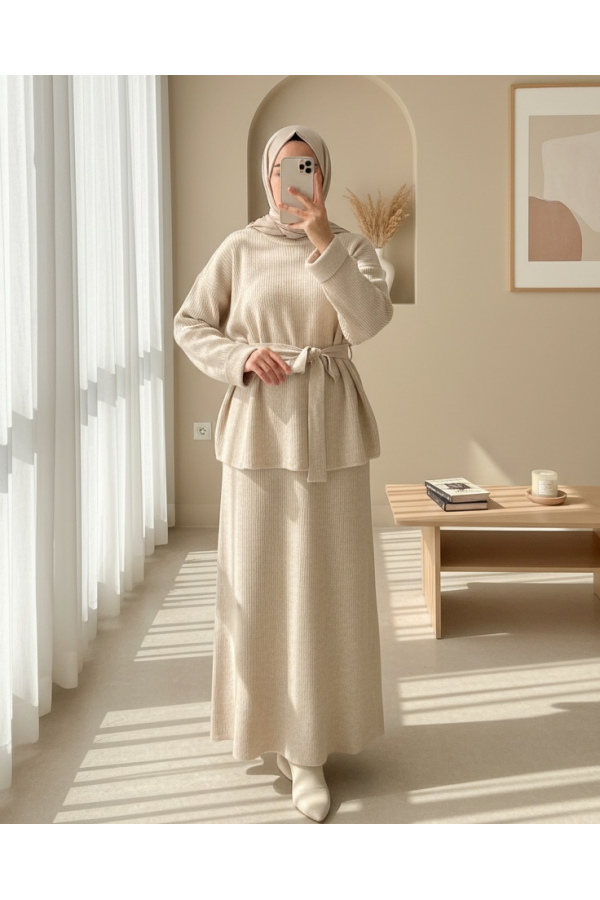 Folded Sleeve, Belted Waist, Slit Knitwear Suit -Stone