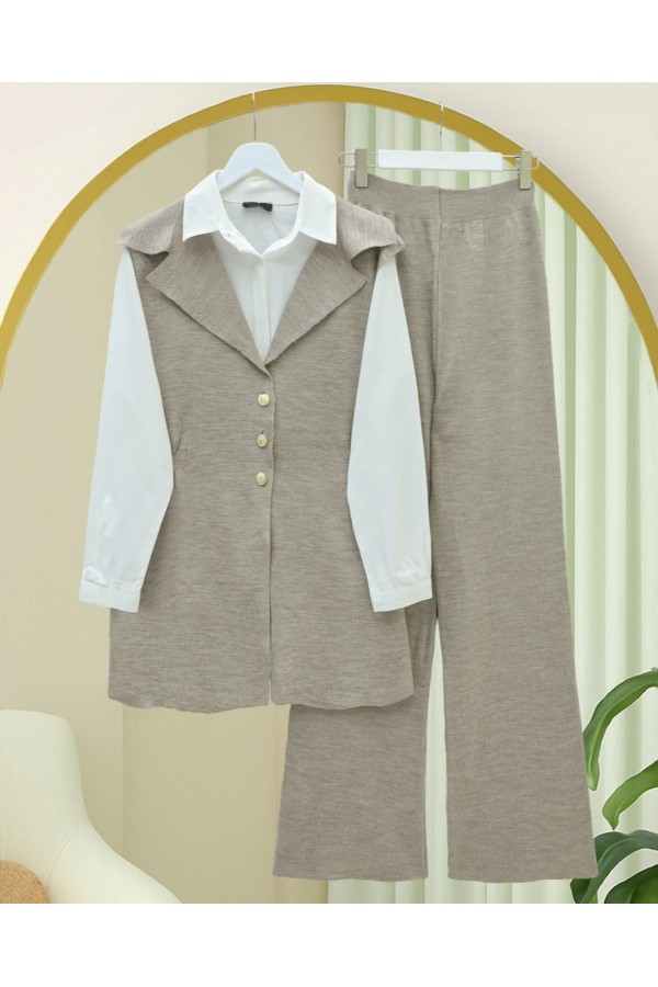 Buttoned V-Neck Vest and Trousers Knitwear Set -Light Mink