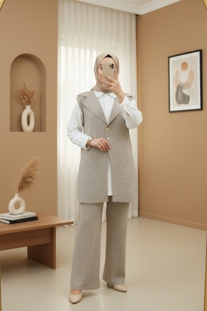 Düğmeli V Yaka Yelek Pantolon Triko Takım -Açık Vizon