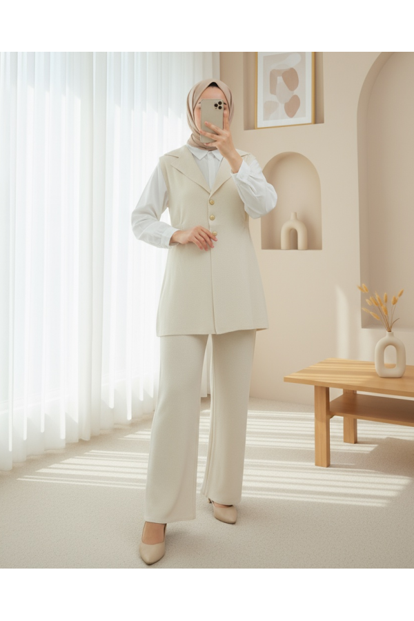 Buttoned V-Neck Vest and Trousers Knitwear Set -Cream color