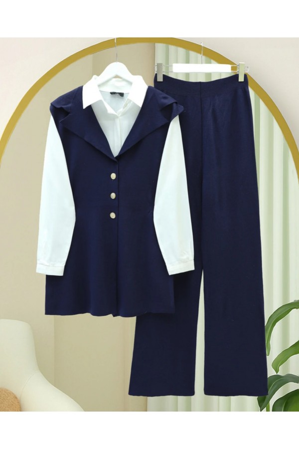 Buttoned V-Neck Vest and Trousers Knitwear Set -Navy blue