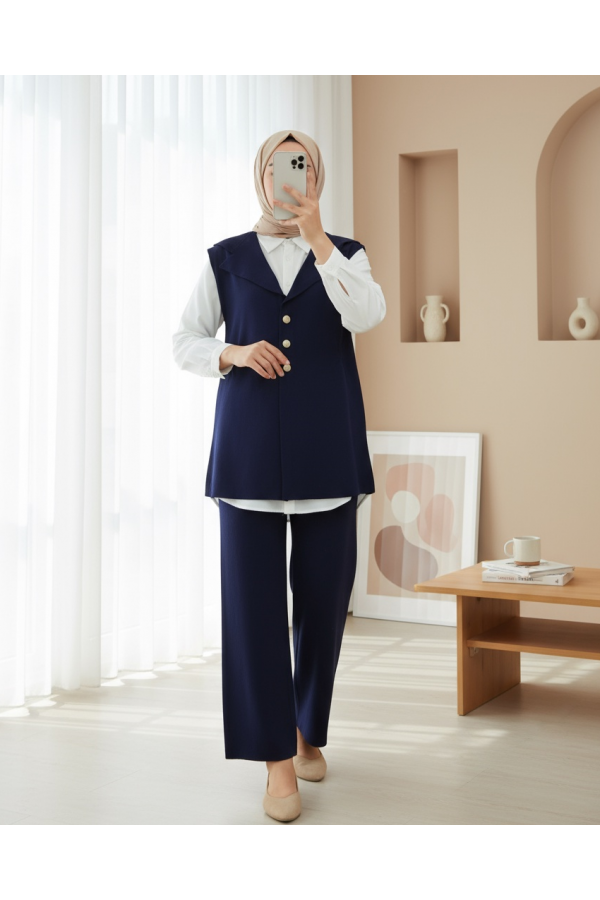 Buttoned V-Neck Vest and Trousers Knitwear Set -Navy blue