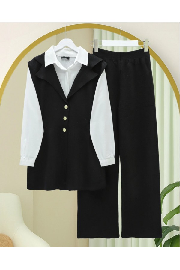Buttoned V-Neck Vest and Trousers Knitwear Set -Black