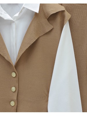 Düğmeli V Yaka Yelek Pantolon Triko Takım -Vizon