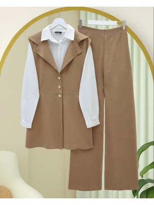 Düğmeli V Yaka Yelek Pantolon Triko Takım -Vizon