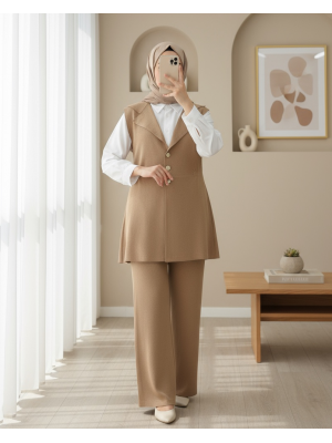 Düğmeli V Yaka Yelek Pantolon Triko Takım -Vizon