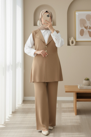 Düğmeli V Yaka Yelek Pantolon Triko Takım -Vizon