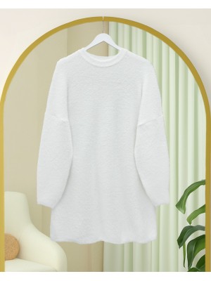 Sakallı Uzun Salaş Triko Tunik -Beyaz