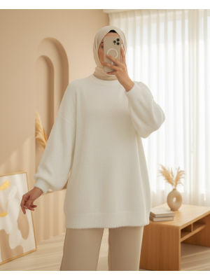 Sakallı Uzun Salaş Triko Tunik -Beyaz