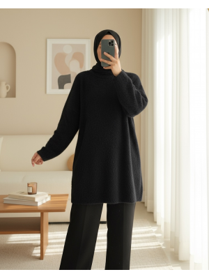 Sakallı Uzun Salaş Triko Tunik -Siyah