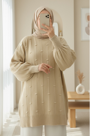 Soft Knit Sweater with Side Slits and Pompoms -Light Mink