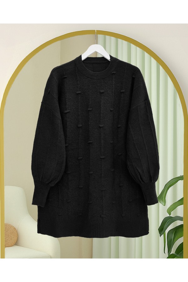 Soft Knit Sweater with Side Slits and Pompoms -Black