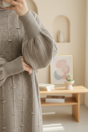 Soft Knit Sweater with Side Slits and Pompoms - Soil