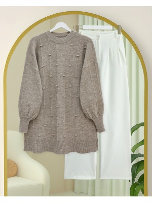 Yanı Yırtmaçlı Ponponlu Yumoş Triko Kazak -Toprak