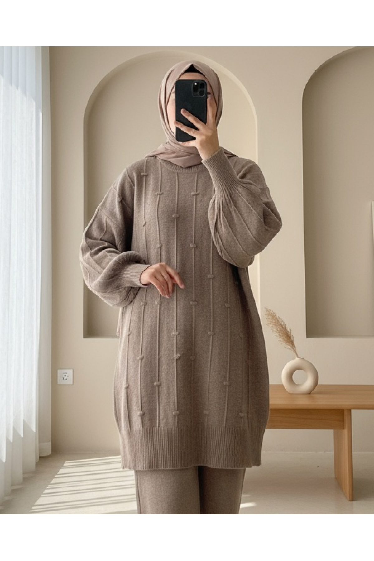 Soft Knit Sweater with Side Slits and Pompoms - Soil