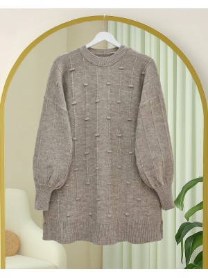 Yanı Yırtmaçlı Ponponlu Yumoş Triko Kazak -Toprak