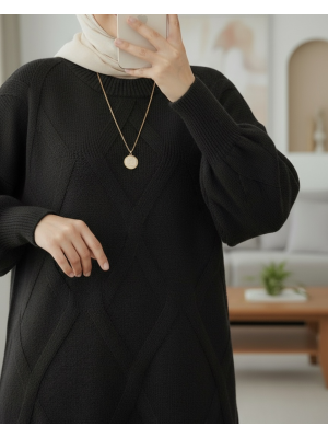 Baklava Desenli Yumoş Triko Tunik -Siyah