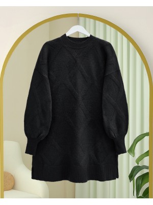 Baklava Desenli Yumoş Triko Tunik -Siyah