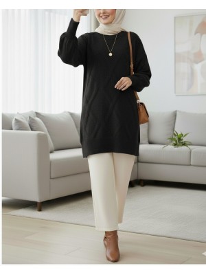 Baklava Desenli Yumoş Triko Tunik -Siyah