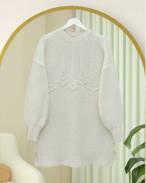 Round Neck Soft Knit Tunic with Stripe and Pompom Detail -Ecru