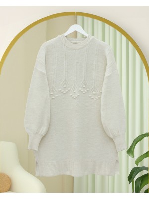Şerit Ve Ponpon Detaylı Yuvarlak Yaka Yumoş Triko Tunik -Ekru