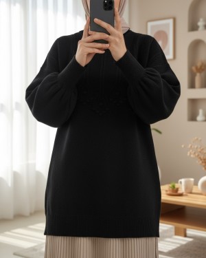 Round Neck Soft Knit Tunic with Stripe and Pompom Detail -Black