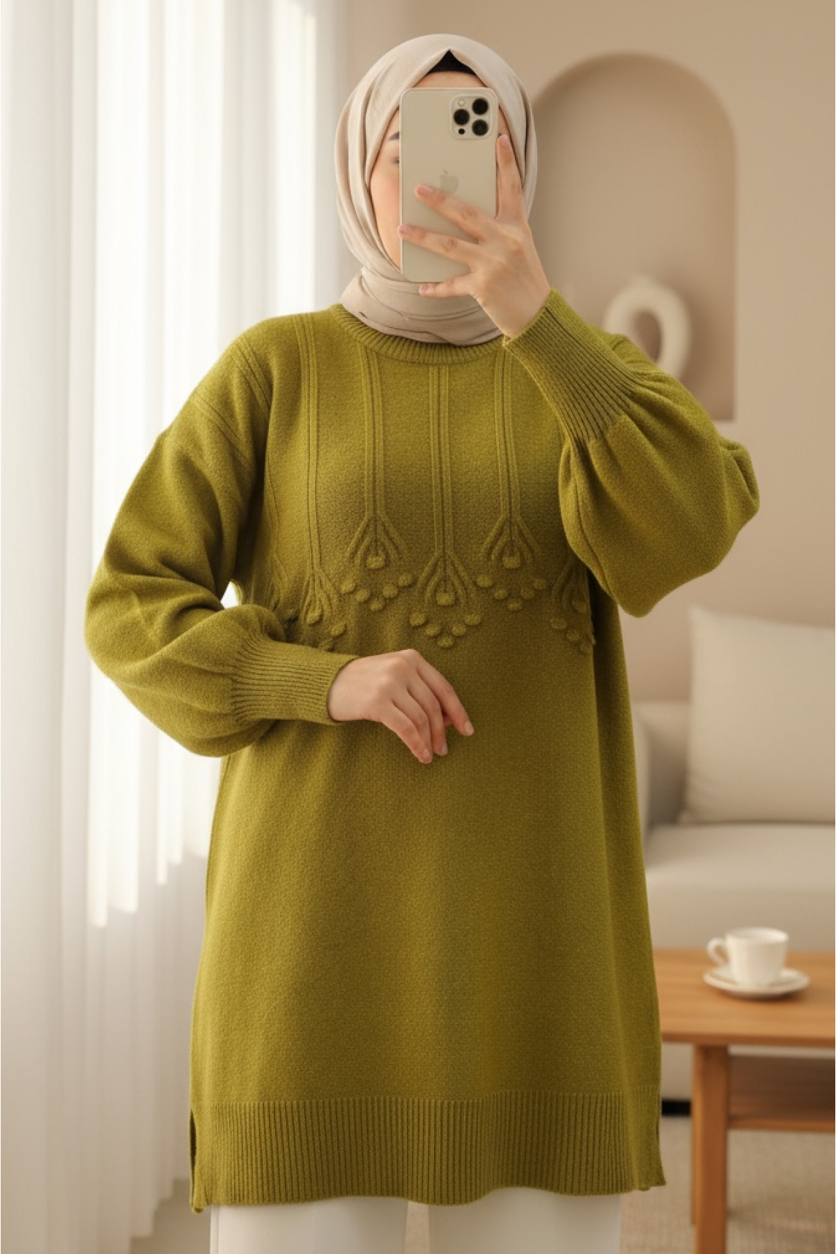 Round Neck Soft Knit Tunic with Stripe and Pompom Detail -Oil Green