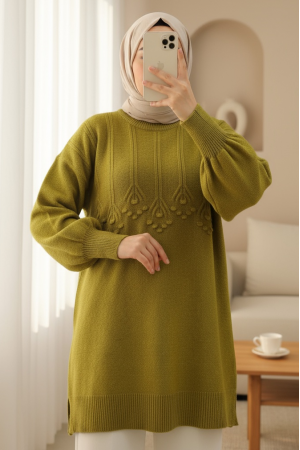 Şerit Ve Ponpon Detaylı Yuvarlak Yaka Yumoş Triko Tunik -Yağ Yeşili