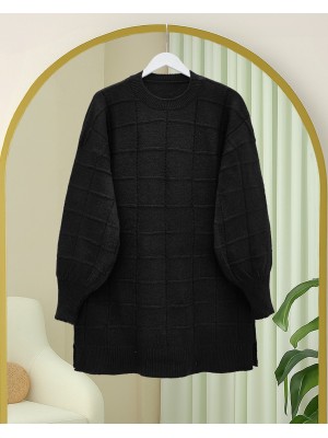 تونيك محبوك ناعم بفتحة مربعة -أسود