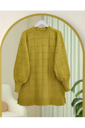 Kare Desenli Yırtmaçlı Yumoş Triko Tunik -Yağ Yeşili