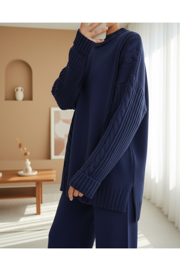 Knitted Patterned Long Back Knitwear Suit -Navy blue