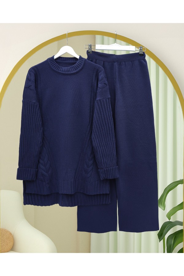 Knitted Patterned Long Back Knitwear Suit -Navy blue