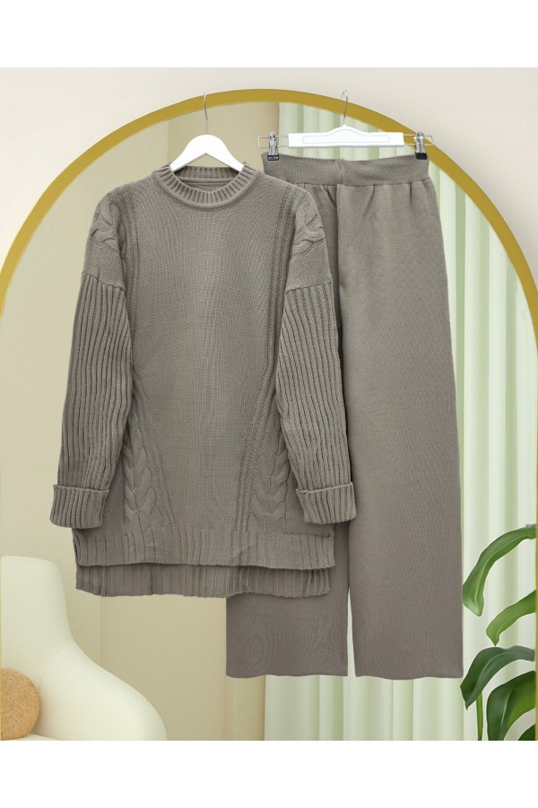 Knitted Patterned Long Back Knitwear Suit - Soil