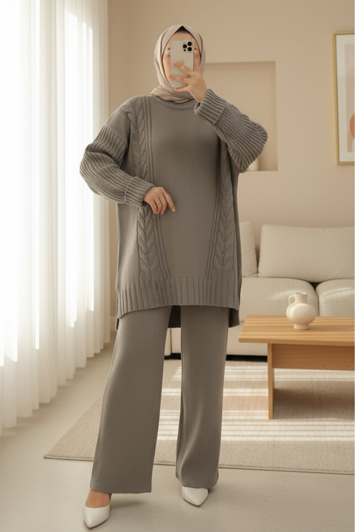 Knitted Patterned Long Back Knitwear Suit - Soil