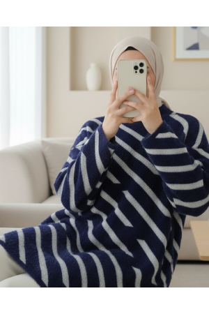 سترة محبوكة مخططة جانبية بلحية -كحلي