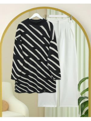 سترة محبوكة مخططة جانبية بلحية -أسود