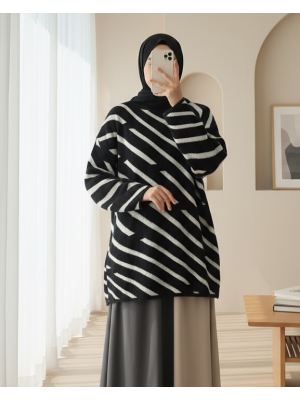 Yan Çizgili Sakallı Salaş Triko Kazak -Siyah