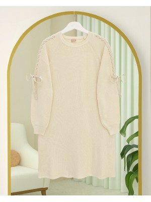 Omuzu Saç Örgülü Salaş Triko Tunik -Ekru