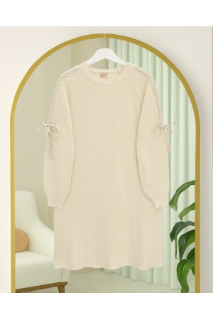 Casual Knit Tunic with Shoulder Braid -Ecru