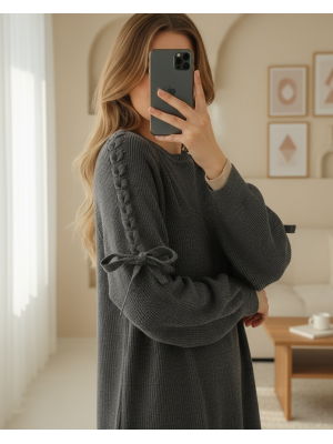 Omuzu Saç Örgülü Salaş Triko Tunik -Füme