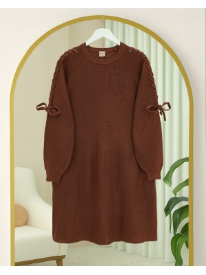 Omuzu Saç Örgülü Salaş Triko Tunik -Kiremit