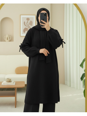 Omuzu Saç Örgülü Salaş Triko Tunik -Siyah