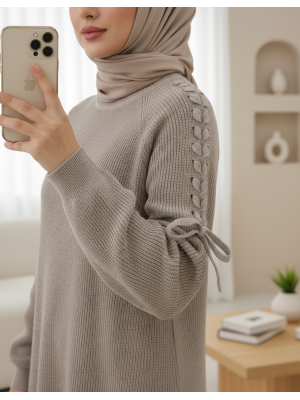 Omuzu Saç Örgülü Salaş Triko Tunik -Toprak