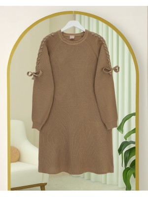 Omuzu Saç Örgülü Salaş Triko Tunik -Vizon