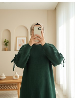 Omuzu Saç Örgülü Salaş Triko Tunik -Zümrüt