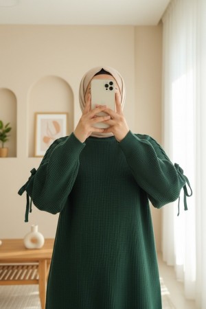 Omuzu Saç Örgülü Salaş Triko Tunik -Zümrüt